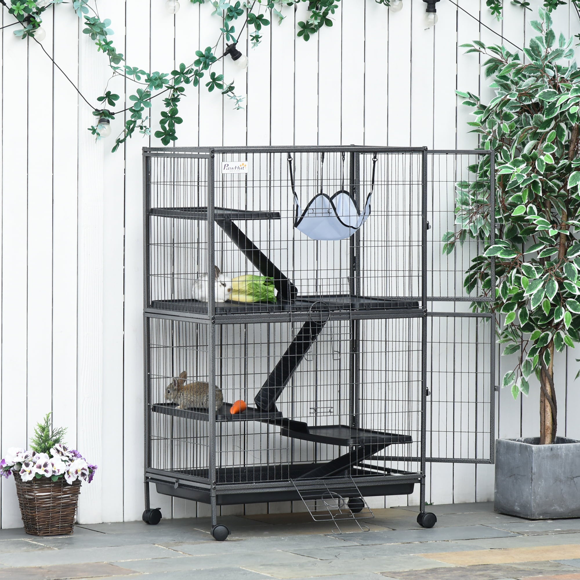 Pawhut 50” 4 Tier Steel Plastic Small Animal Pet Cage Kit with Wheels， Silver Gray Hammertone