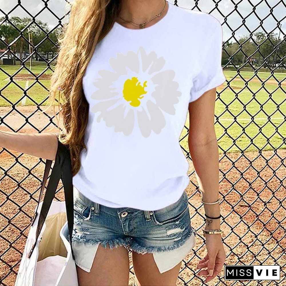 Funny Daisy Printed T-shirts For Women Summer Short Sleeve Round Neck Cute Loose T-shirt Creative Personalized Tops