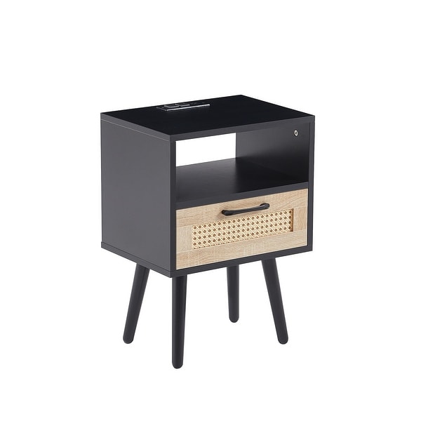 Modern Side table with Drawer and Solid Wood Legs，Rattan Nightstand with Power Outlet and USB Ports