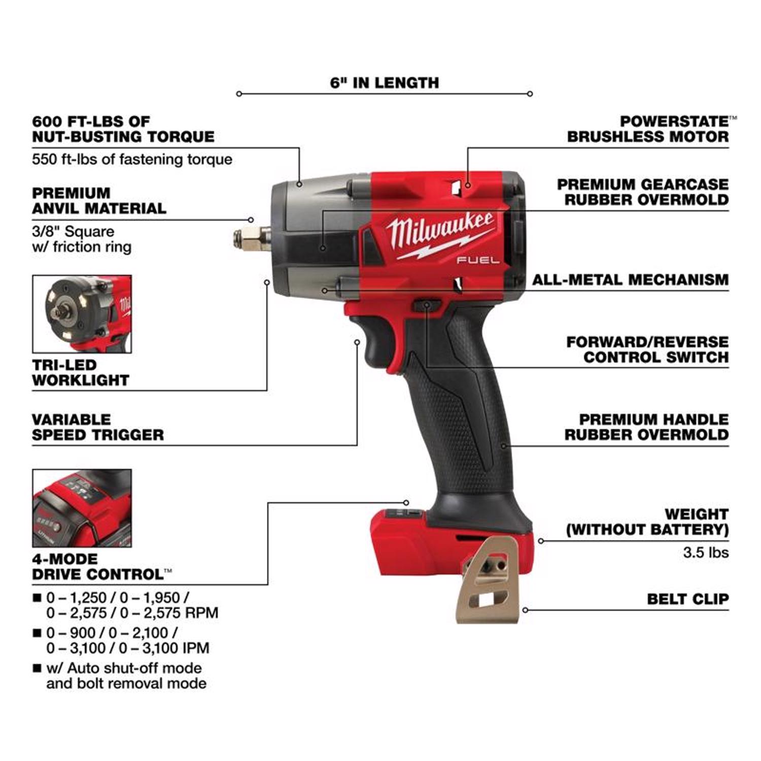 MW M18 FUEL 18 V 3/8 in. Cordless Brushless Impact Wrench Tool Only