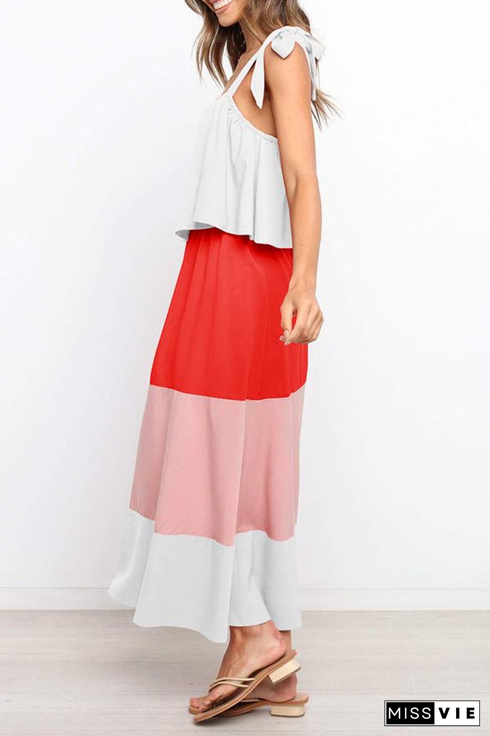 Lace-up Ruffled Colorblock Maxi Dress P13032