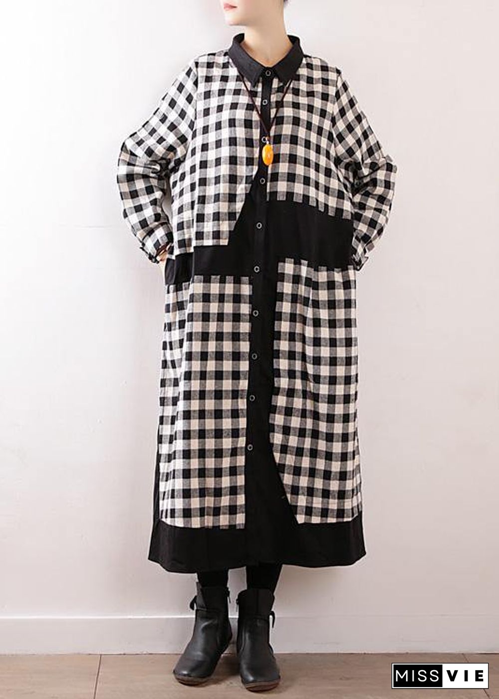 Women plaid cotton clothes For Women lapel collar Art autumn shirt dress