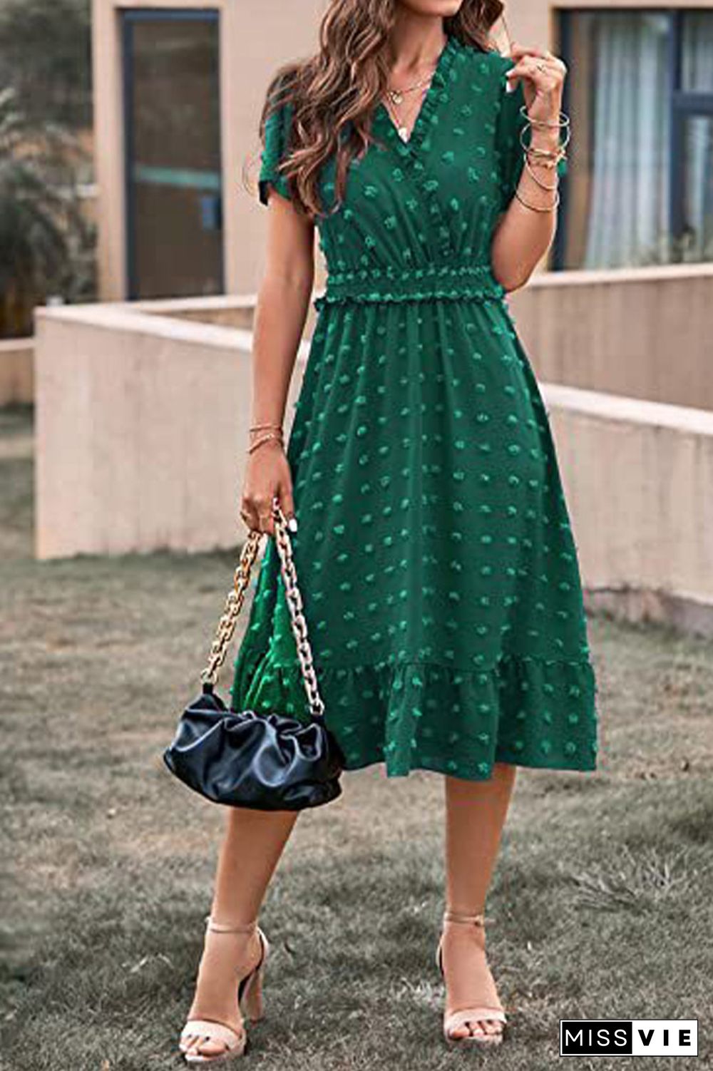 Plain Jacquard Spot V Neck Frilled Midi Dress