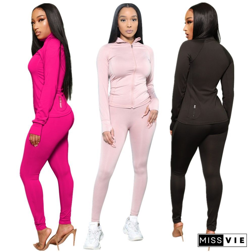 Solid Zip Jacket Fitness Sporty Pants Set