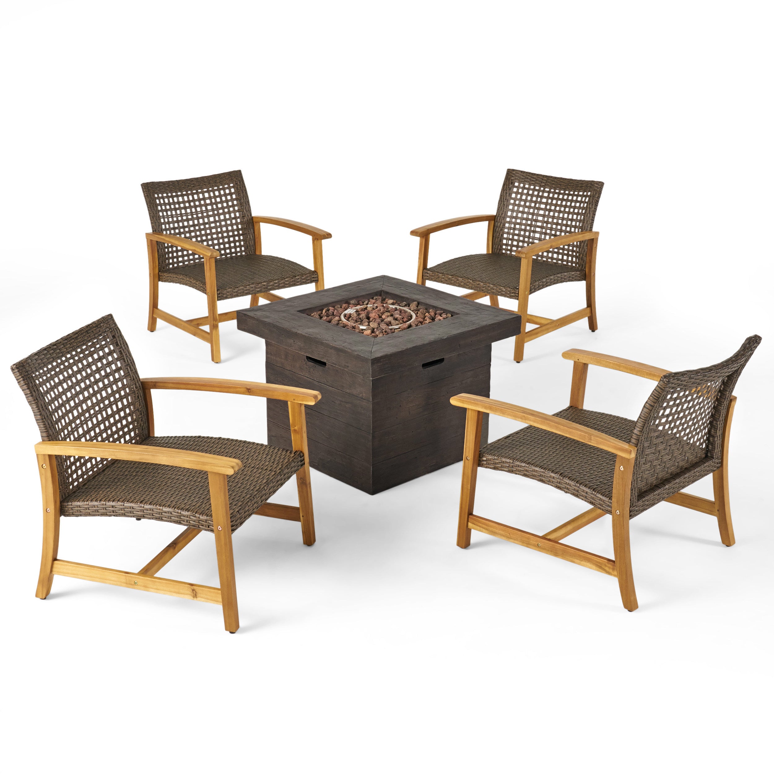 Eleanor Outdoor 5 Piece Wood and Wicker Club Chairs and Fire Pit Set