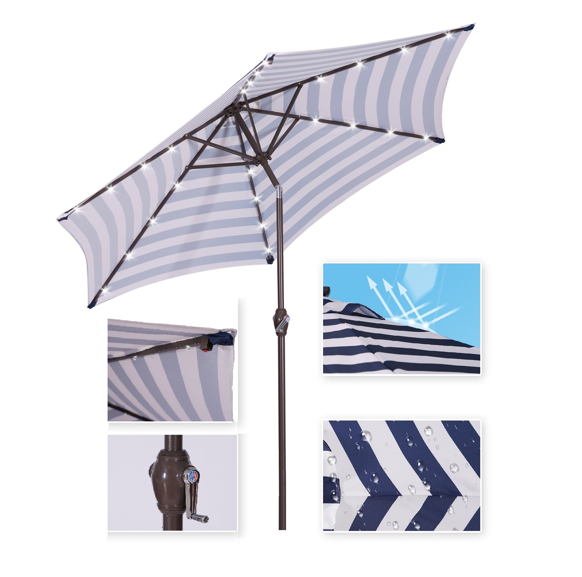 Dcenta Outdoor Patio 8.7-Feet Market Table Umbrella with Push Button Tilt and Crank, Blue White Stripes With 24 LED Lights[Umbrella Base is not Included]