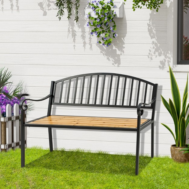 Garden Bench Patio Loveseat With Antique Backrest Wood Seat And Steel Frame For Backyard Or Porch