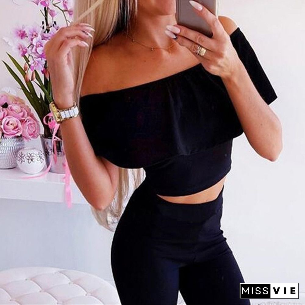 Fashion Off Shoulder Crop Top And Long Pants Two Piece Set Yoga Casual Women Outfits