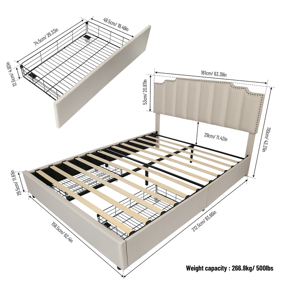 Queen Size Upholstered Platform Bed Linen Bed Frame with 2 Drawers Stitched Padded Headboard