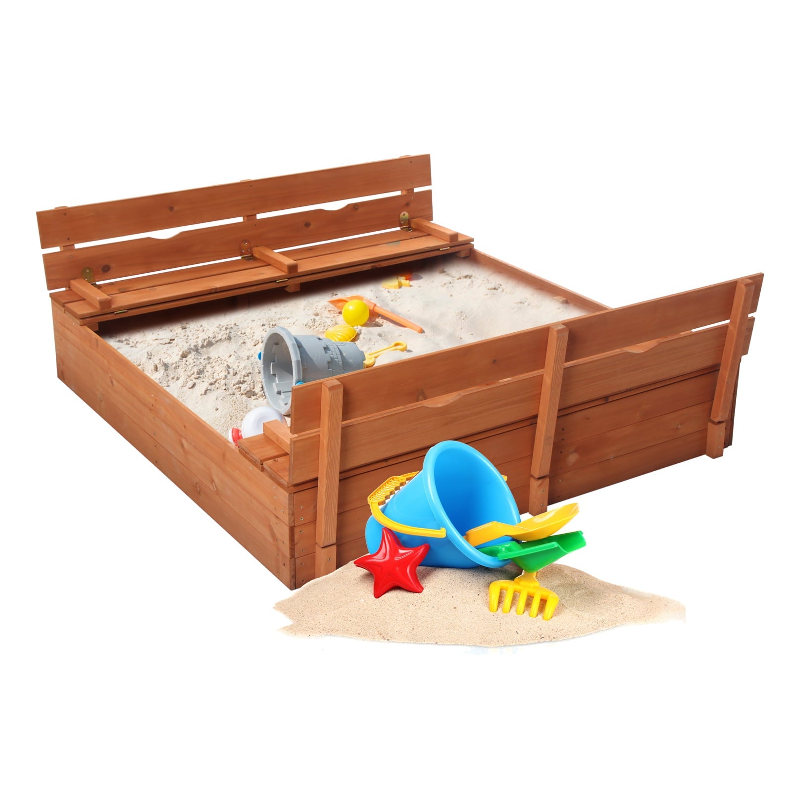 JOYMOR 47x47inch Kids Large Wooden Sandbox with Bench Seats, Children Outdoor Playset, Outdoor Cedar Sandbox with Bottom Liner, Convertible Square Sandbox for Backyard, Home, Lawn