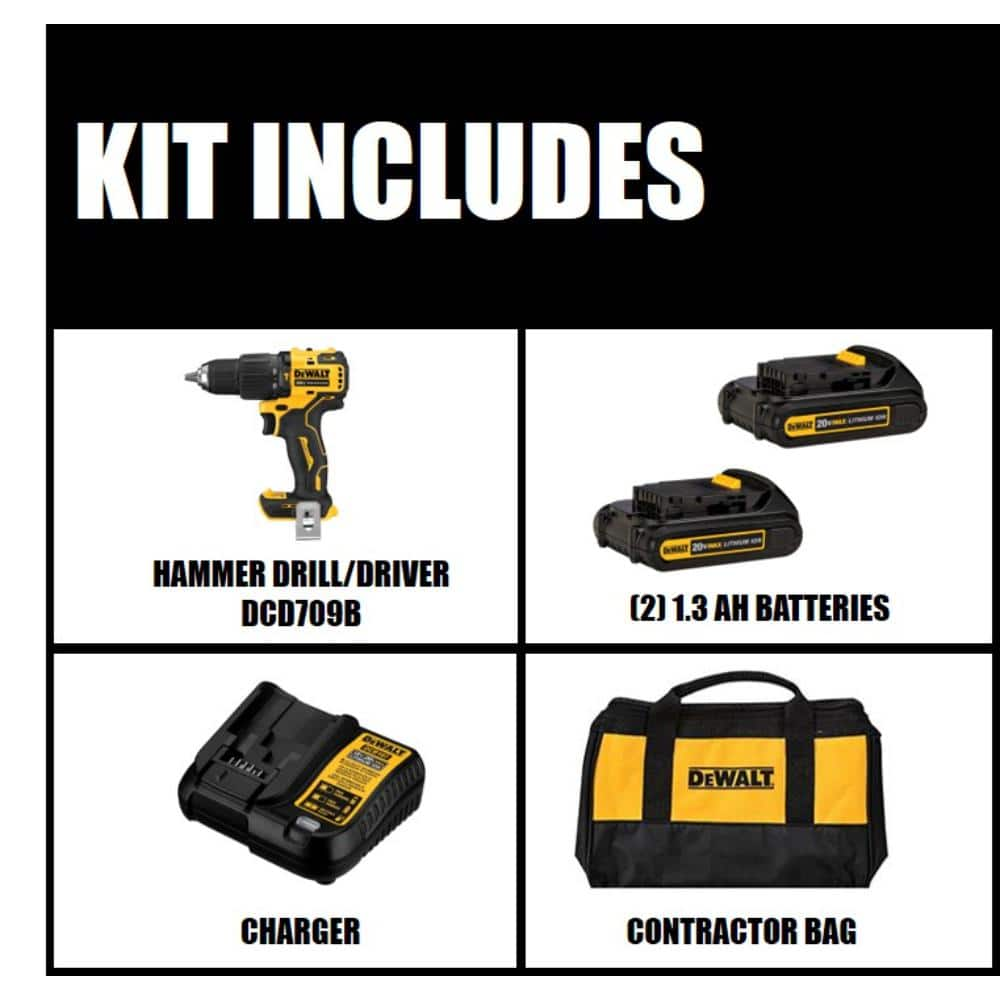 DEWALT DCD709C2 ATOMIC 20V MAX Cordless Brushless Compact 1/2 in. Hammer Drill， (2) 20V 1.3Ah Batteries， Charger， and Bag