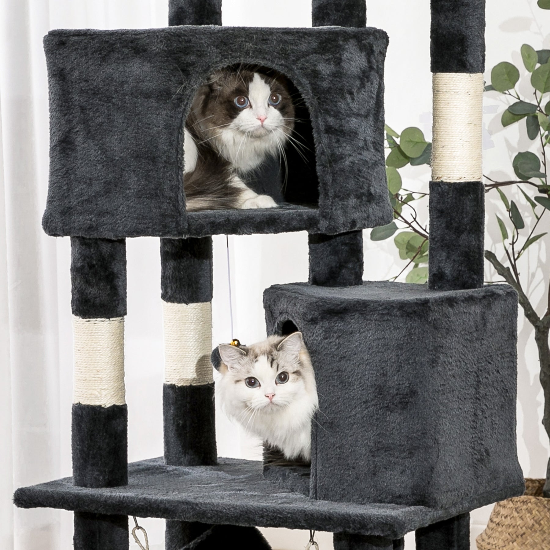 Quuzee 51.6-in Cat Tree Tower with Double Condo,Scratching Post Hammock,Somky Gray