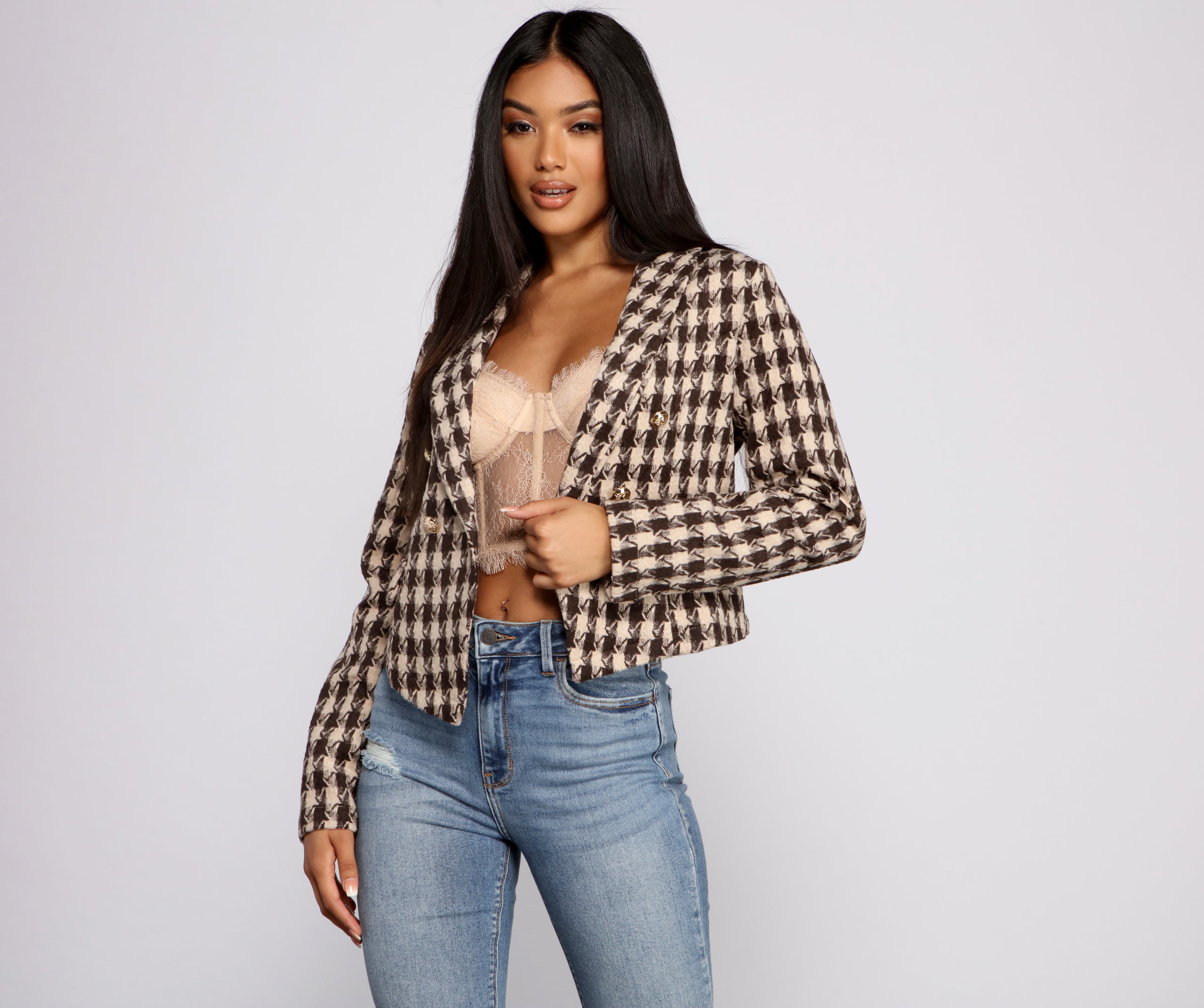 Poised and Professional Houndstooth Cropped Blazer