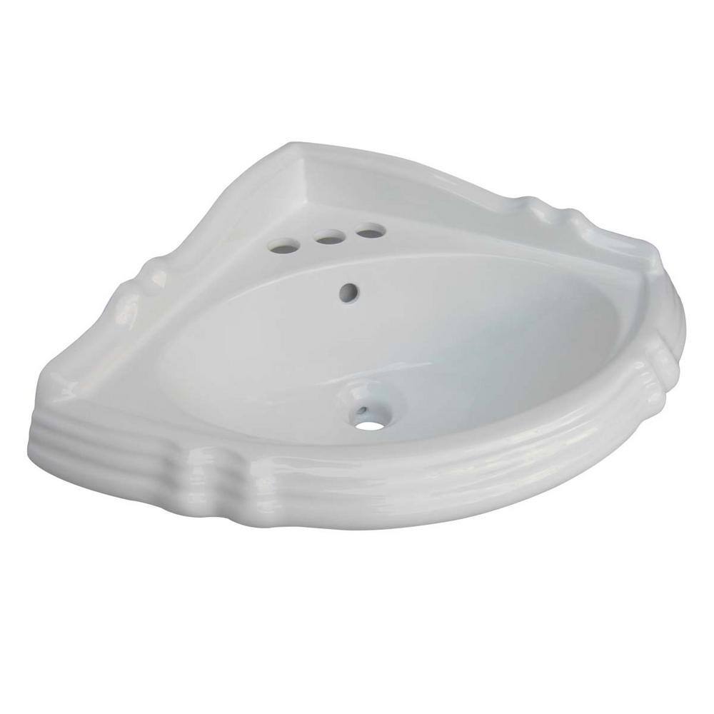 RENOVATORS SUPPLY MANUFACTURING Sheffield White Vitreous China Corner Bathroom Pedestal Sinks with 4 in. Centerset Faucet Holes 21848