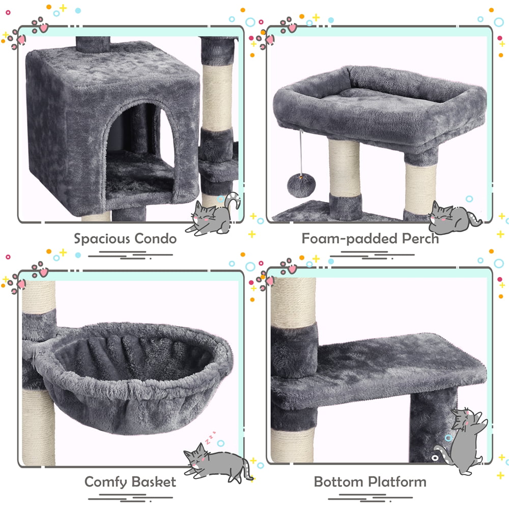 Topeakmart 38-in Cat Tree Scratching Post Tower with Plush Perch and Basket， Dark Gray