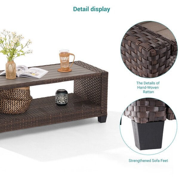 BONOSUKI Outdoor PE Rattan Side Table，Rectangular Coffee HIPS Tabletop