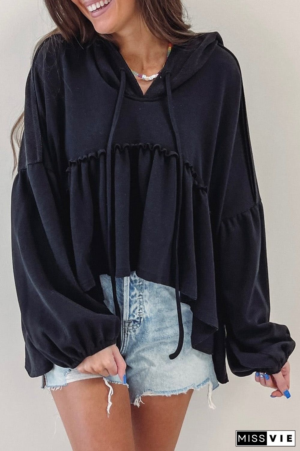 Black Oversized Ruffled High Low Hem Drop Shoulder Hoodie