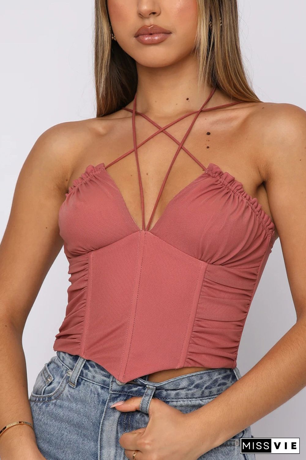 Mesh Cross Strap Pleated Camisole Short Vest Top Wholesale