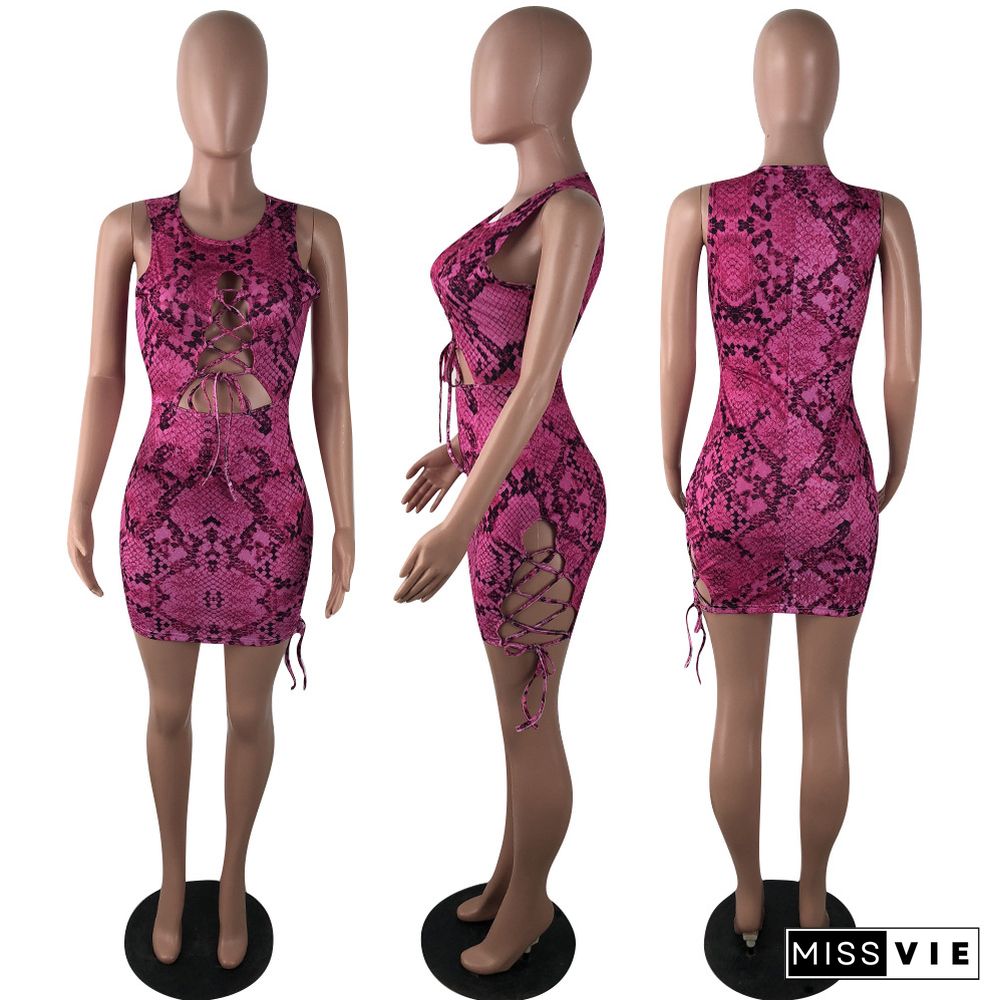 Fashion Snakeskin Prints Sexy Hollow Out Mini Bandage Dress