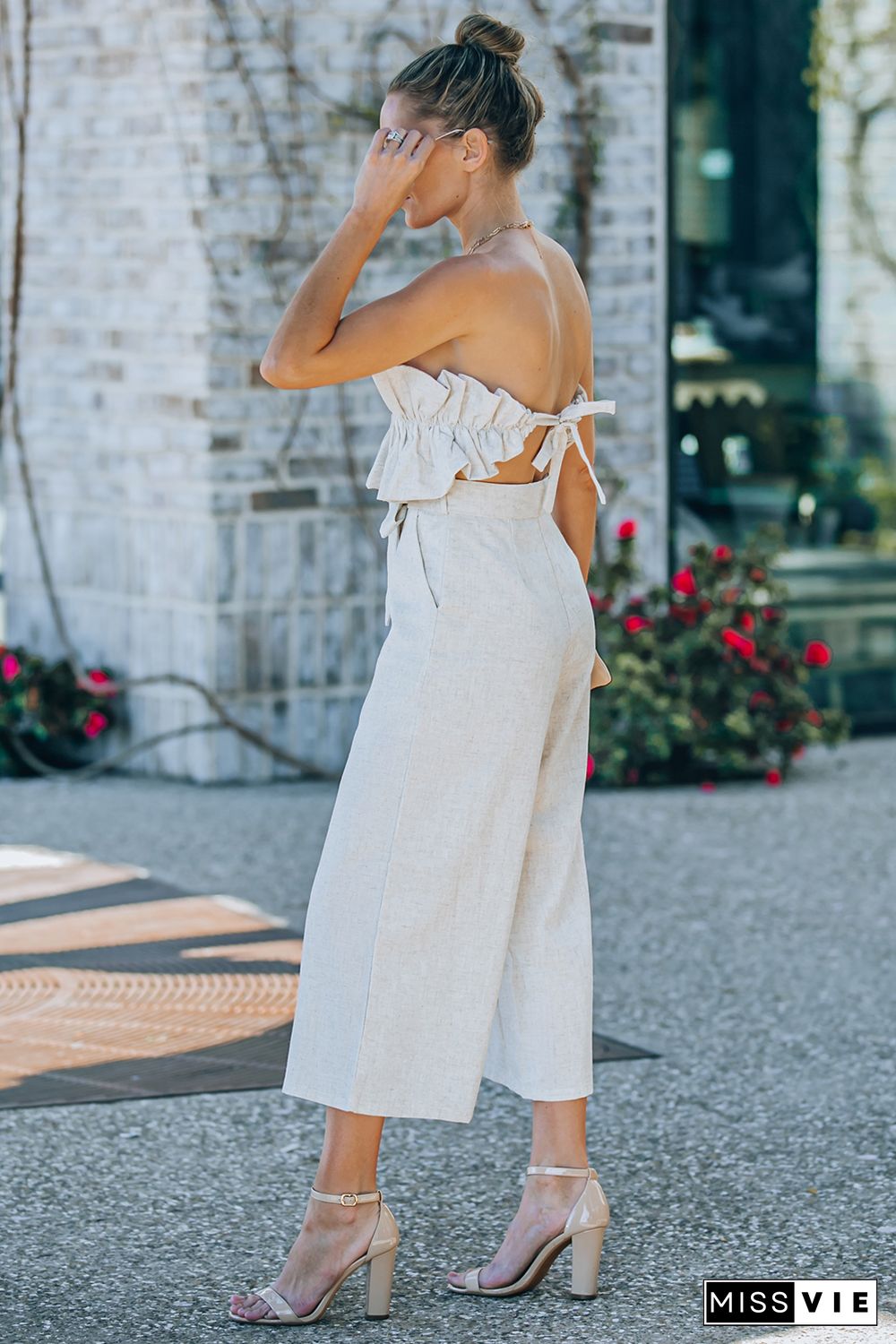 Beige Ruffled Strapless Wide Leg Jumpsuit