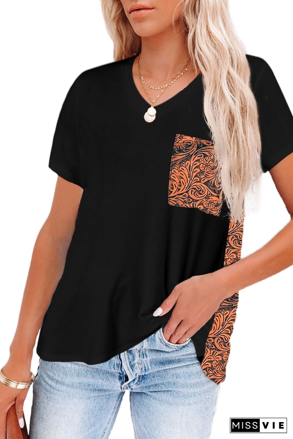 Black Women's Casual Printed Splicing Pullover Pocket T-shirt