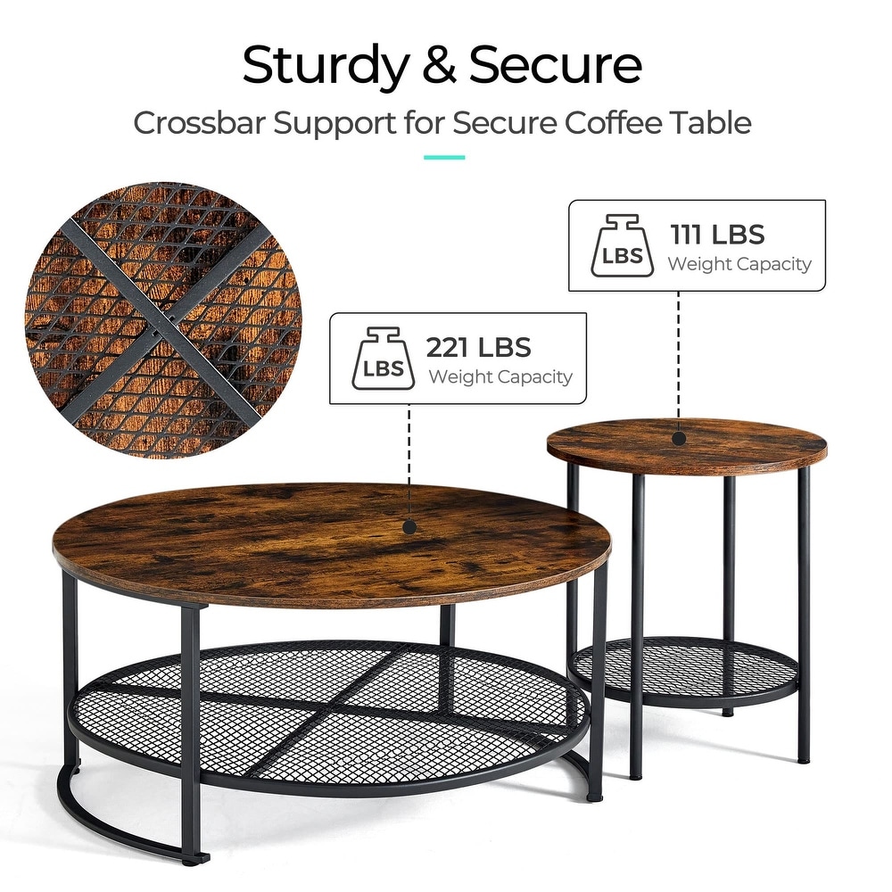 Round Coffee Table and End Table Set for Living Room  Industrial Coffee Table with Open Storage