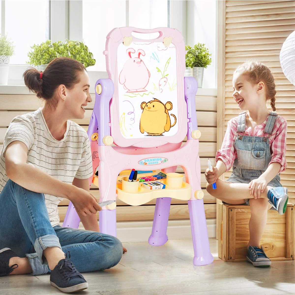 Costzon Art Easel for Kids, 360 Rotate Adjustable Double Side Standing Toddler Portable Magnetic Drawing Set with Chalkboard