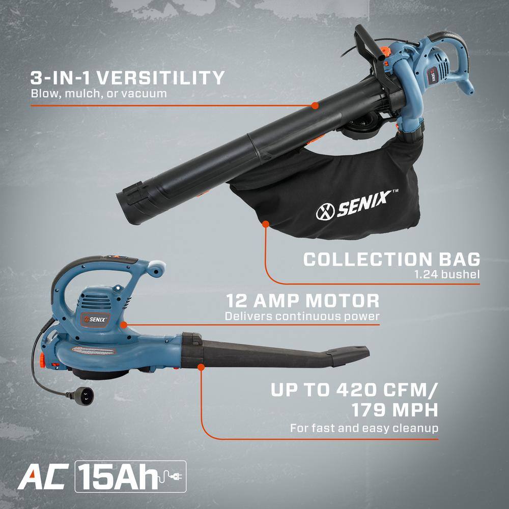 Senix 179 MPH Wind Velocity and 420 CFM Air Volume 12 Amp Electric Leaf BlowerVacuumMulcher BLVE12-M