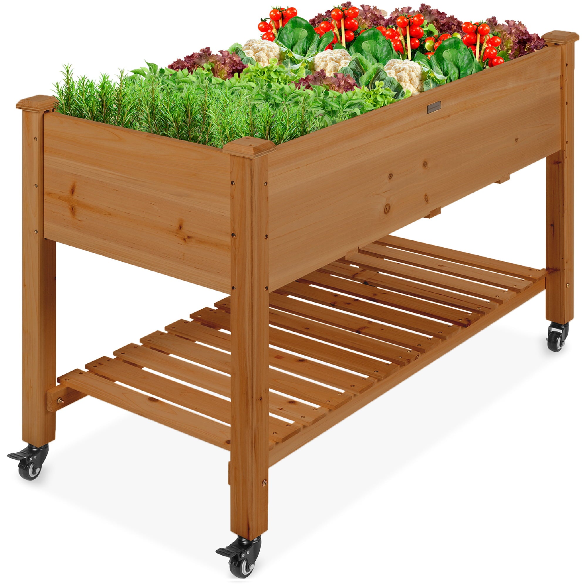 Best Choice Products Raised Garden Bed 48x24x32in Wood Mobile Elevated Planter w/ Wheel Locks, Shelf, Liner - Acorn Brown