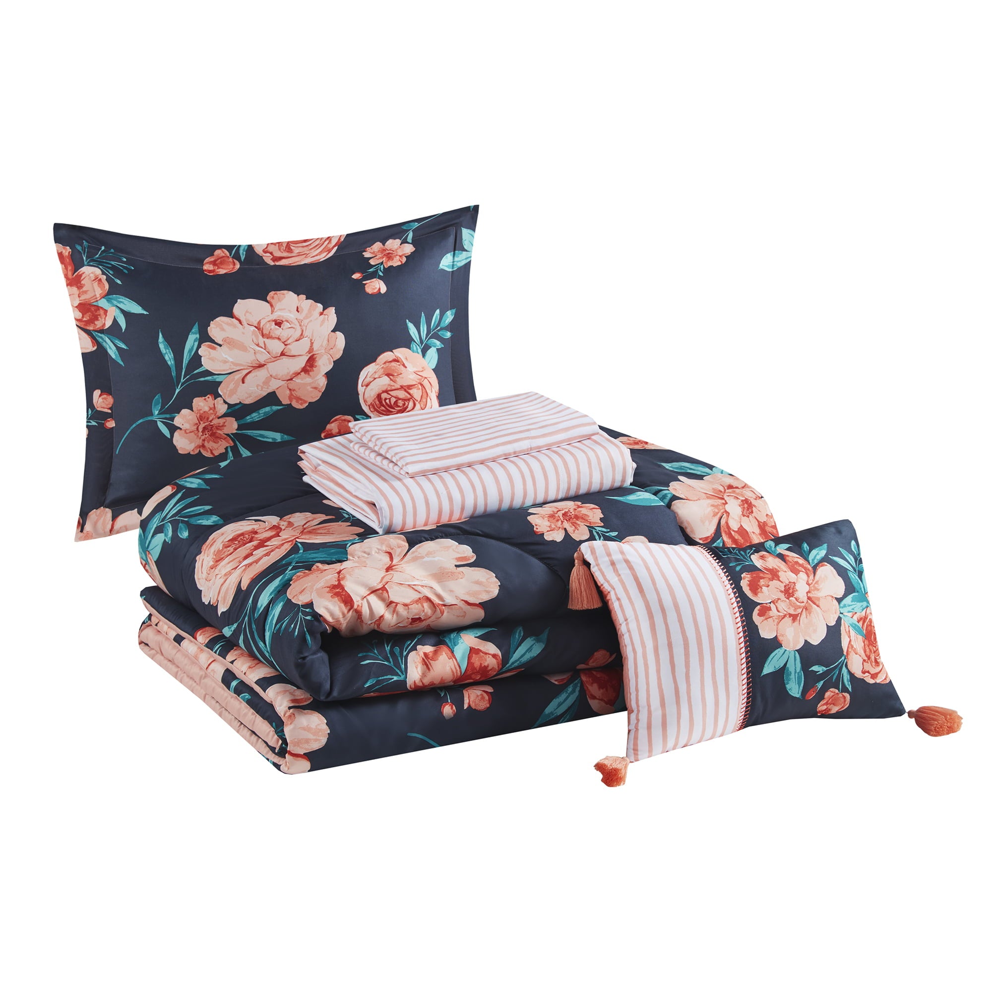 Mainstays Peach Floral 6 Piece Bed in a Bag Comforter Set with Sheets， Twin/Twin XL