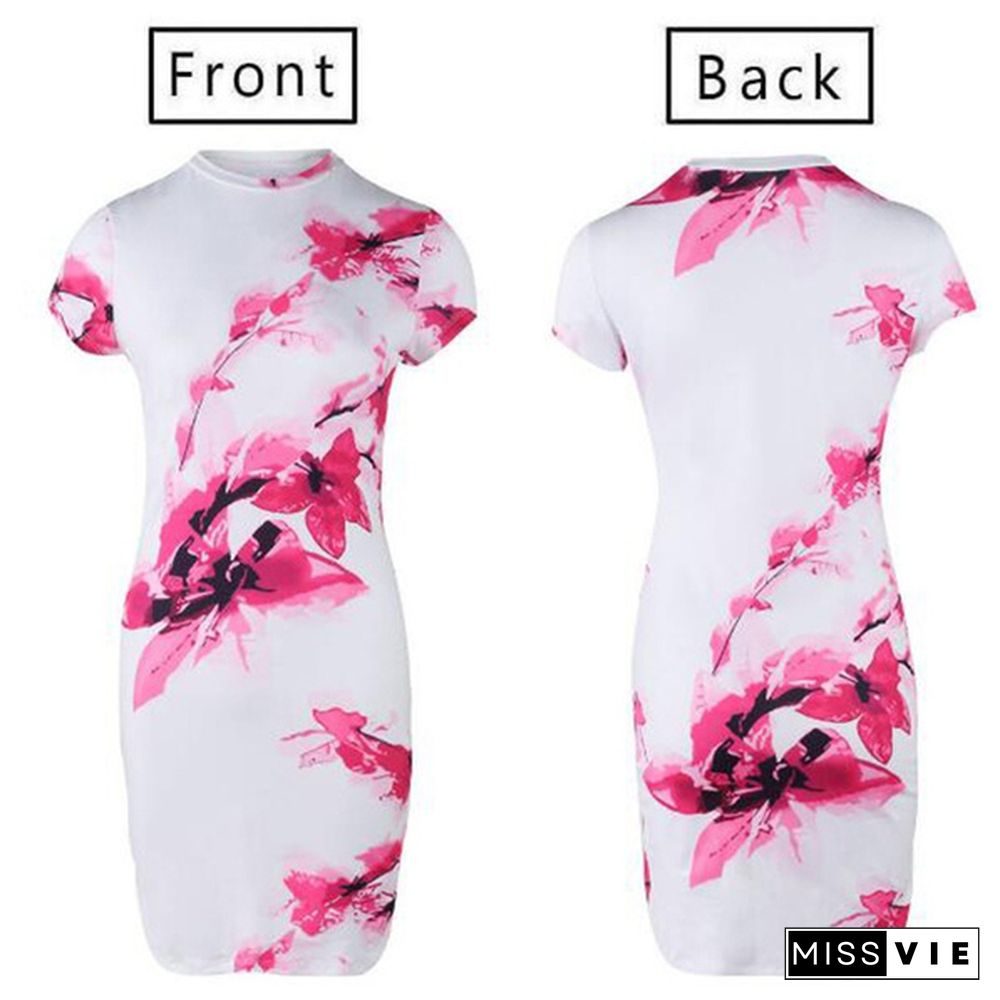 Hot Summer Elegant Floral Print Bodycon Short Sleeve O neck Causal Dress