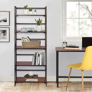 VECELO 5 Shelf Bookcase No-Assembly Folding-Bookshelf Industrial Standing Racks Study Organizer with Metal Frame ，Brown 1 KHD-XJM-B01