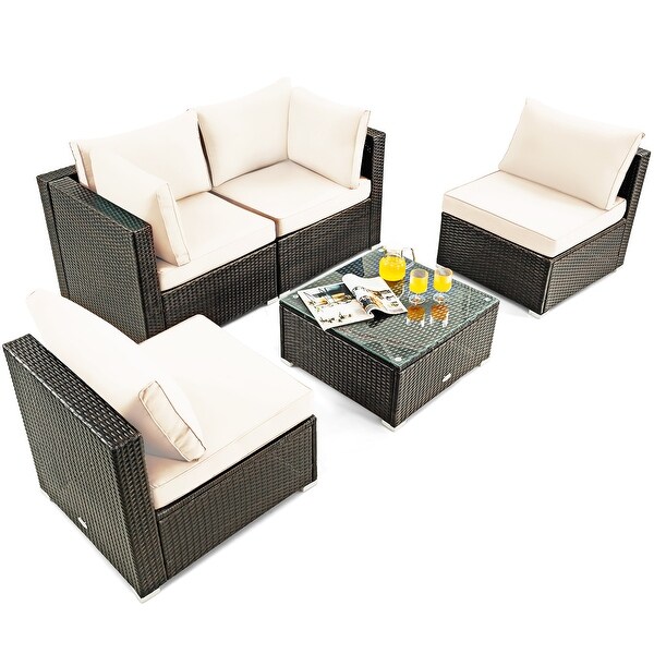 Gymax 5PCS Rattan Patio Conversation Set Sofa Furniture Set w/ White