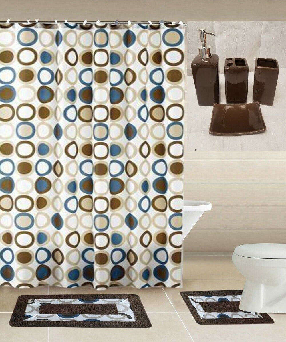 Sami brown Bathroom rug， mat non slip soft shaggy with shower curtain 12 hook and 4 pc matching ceramic accessories toothbrush holder， toothpaste holder， soap pump and soap dish