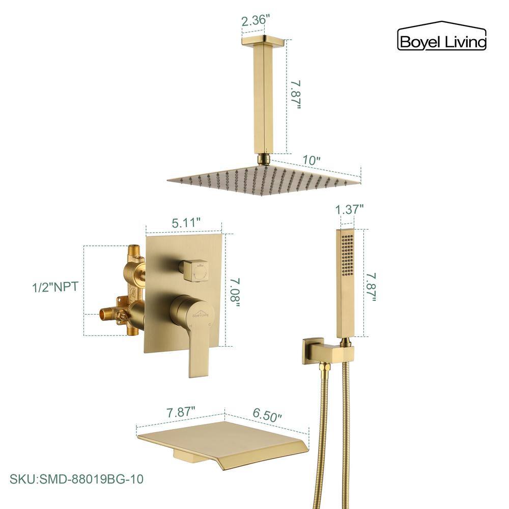 Boyel Living Ceiling Mount Single-Handle 1-Spray Tub and Shower Faucet in Brushed Gold - 10 Inch (Valve Included) SMD-88019BG-10