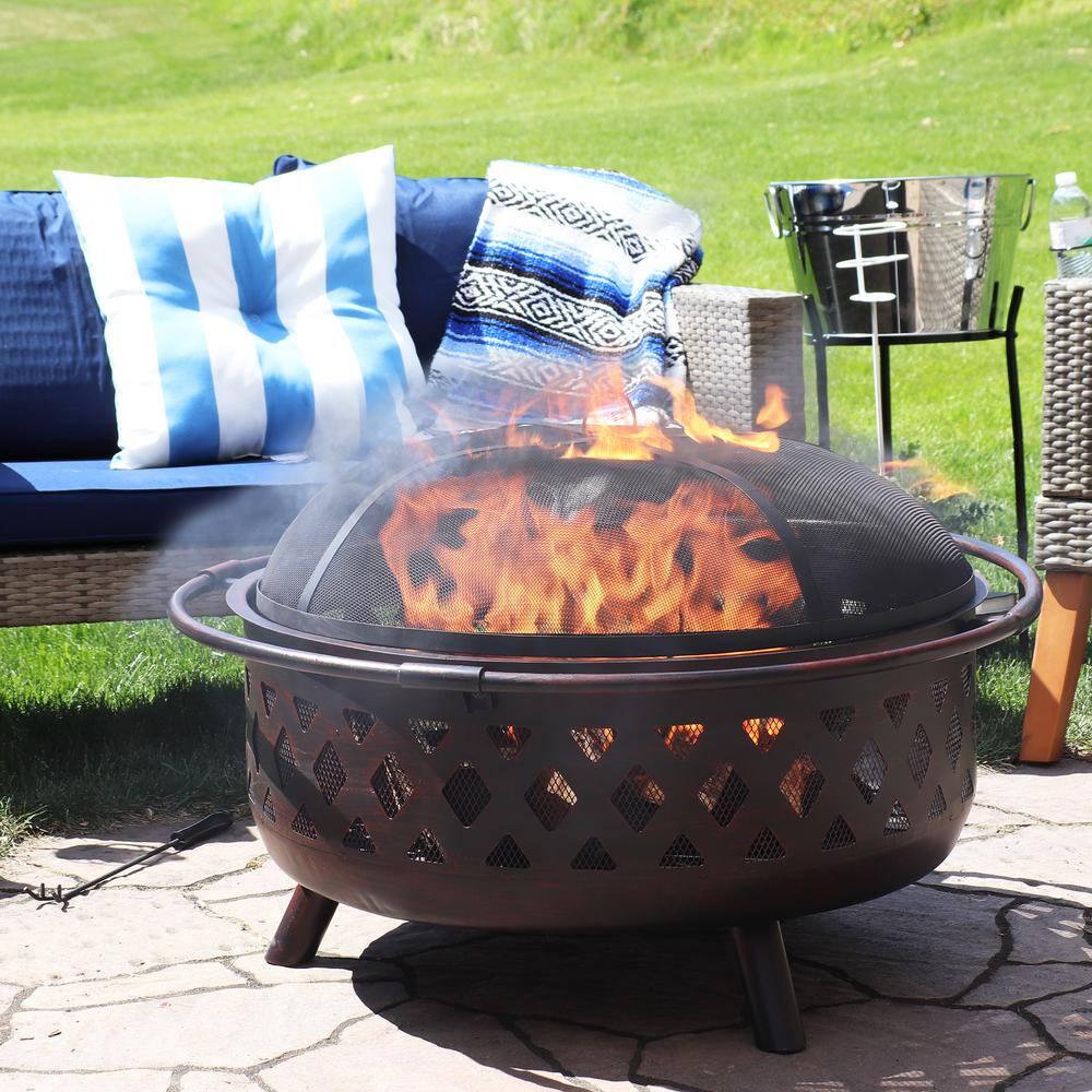 Sunnydaze Decor Cross Weave 36 in x 24 in Large Round Steel Wood Burning Fire Pit in Bronze with Spark Screen