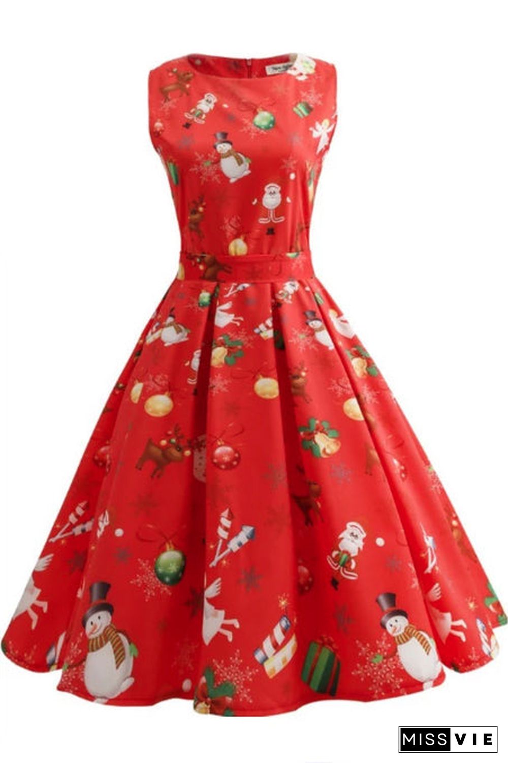 Christmas Print Sleeveless Belted Dress