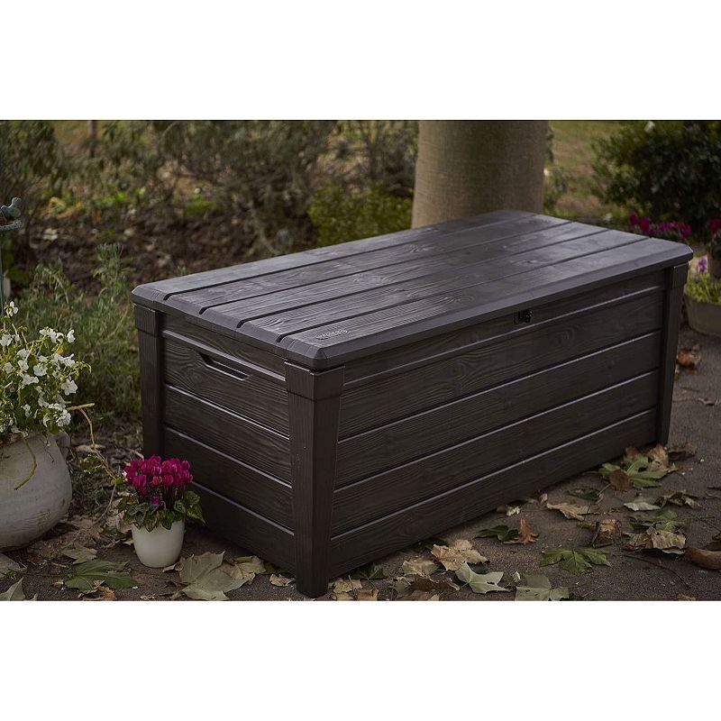 Keter Brightwood 120gal Weatherproof Resin Patio Deck Storage Box Bench， Brown