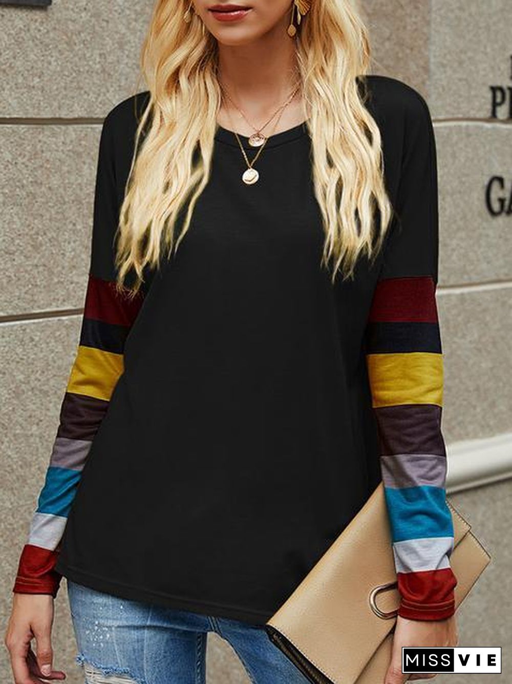 Casual Round Neck Striped Long Sleeve T-Shirt