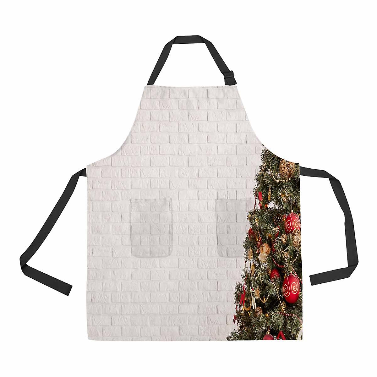 Traditional Christmas Tree White Brick Wall Unisex Adjustable Bib Apron With Pockets For Commercial Restaurant And Home Kitchen Use