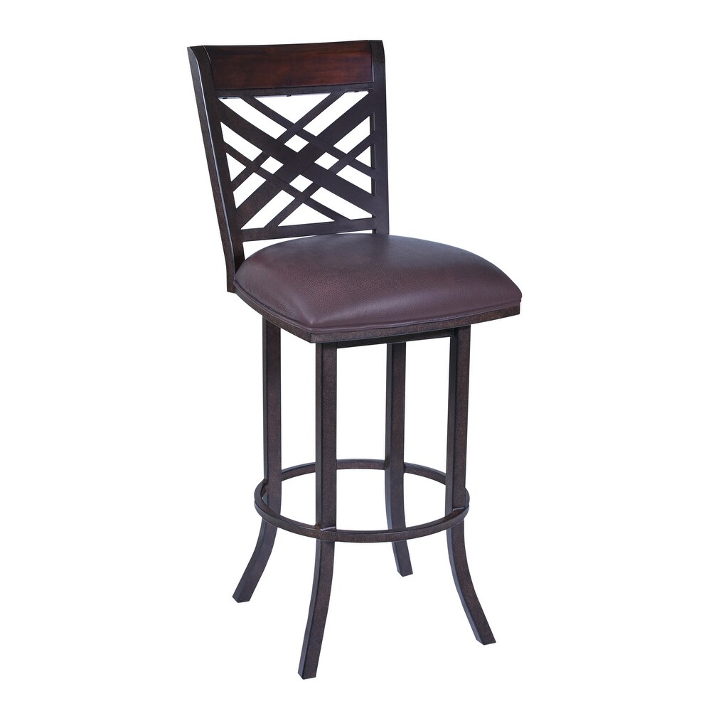 30 Inch Metal Bar Stool with Leatherette Seat and Swivel Mechanism  Brown