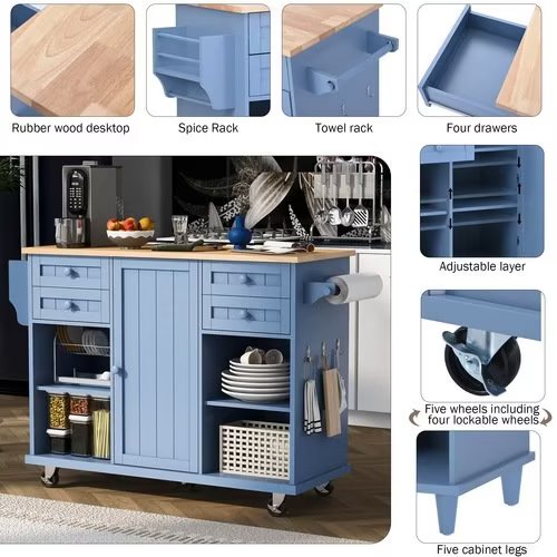 Kitchen Island Cart with 4 Storage Drawers， Rolling Mobile Kitchen Island Table with Spice Rack， Towel Rack， Rubber Wood Desktop， 5 Wheels Including 4 Lockable Wheels， 52.8in Width， Blue