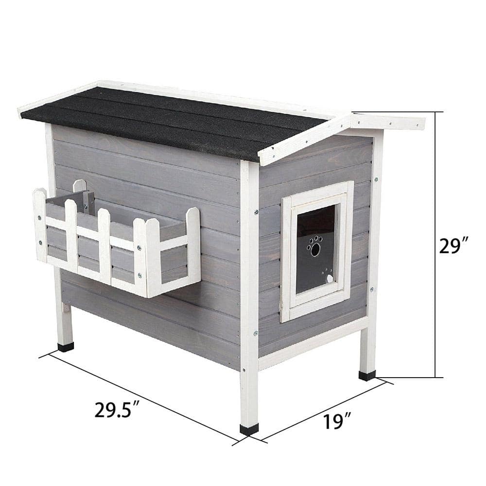 Grey Solid Wood Cat House Larger Design for 3 Adult Outdoor Cats Weatherproof CATTHHHHOUS-1