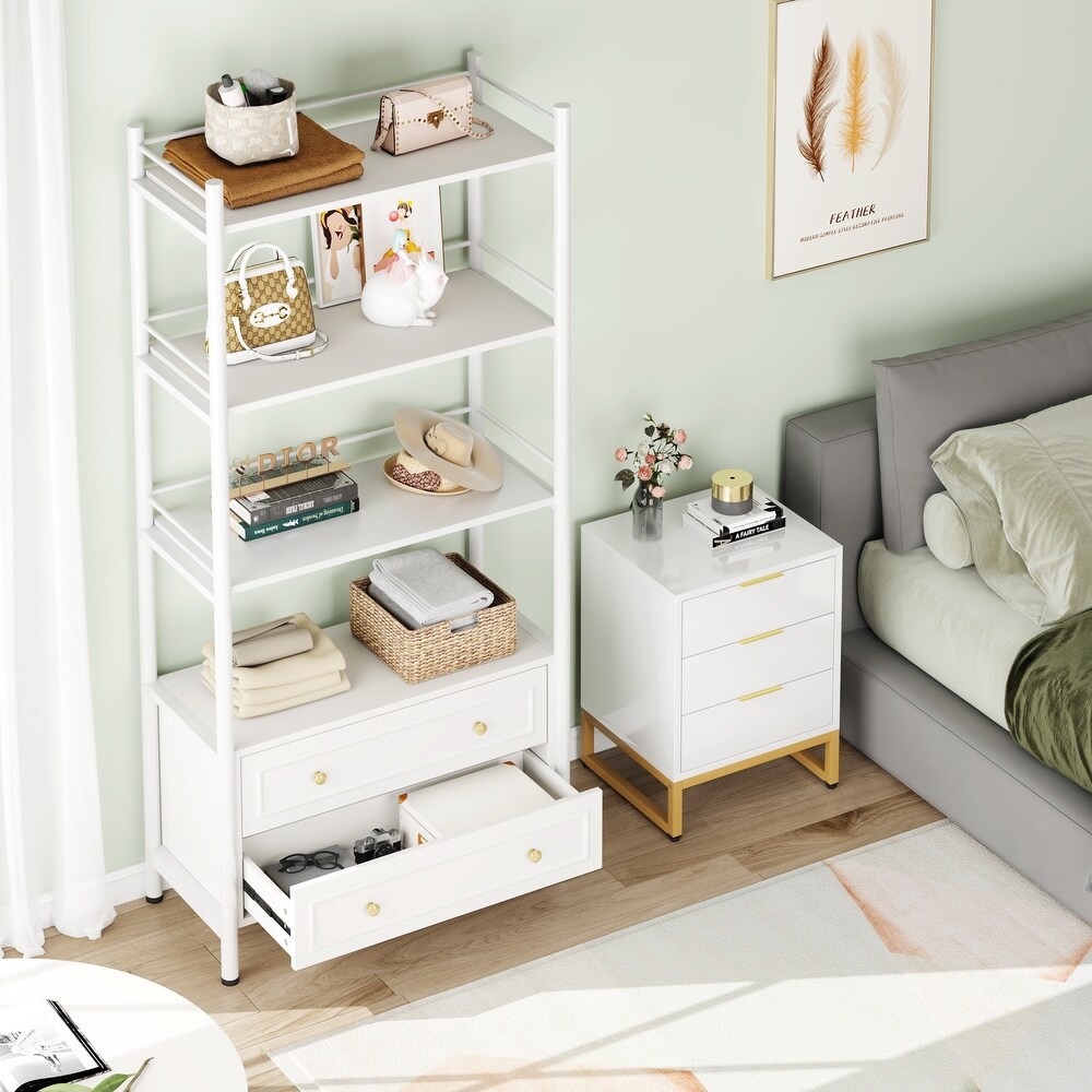 4 Tier White Bookshelf with 2 Drawers  Tall Bookcase with 4 Open Shelf for Small Place