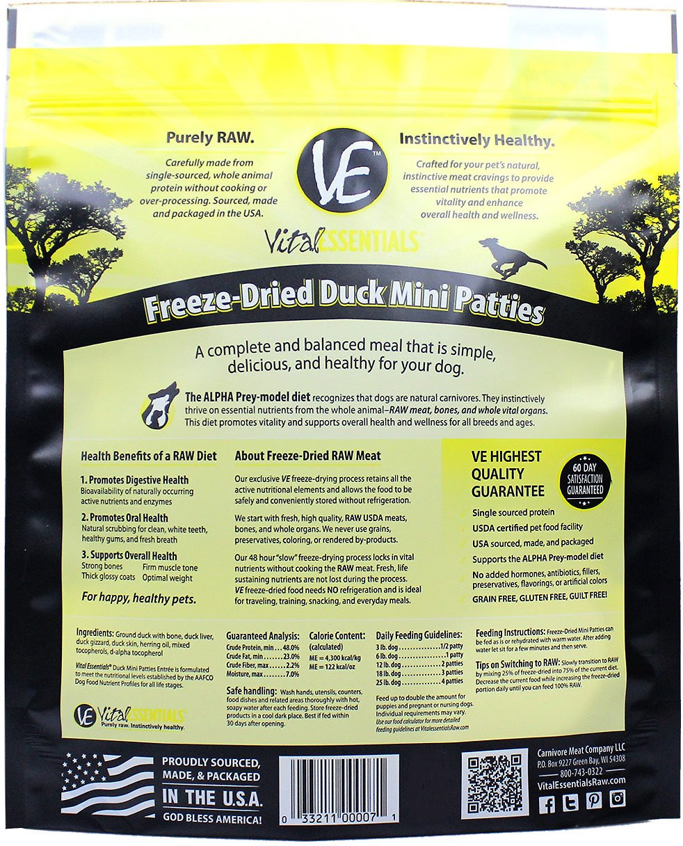 Vital Essentials Duck Mini Patties Grain Free Freeze Dried Raw Dog Foo