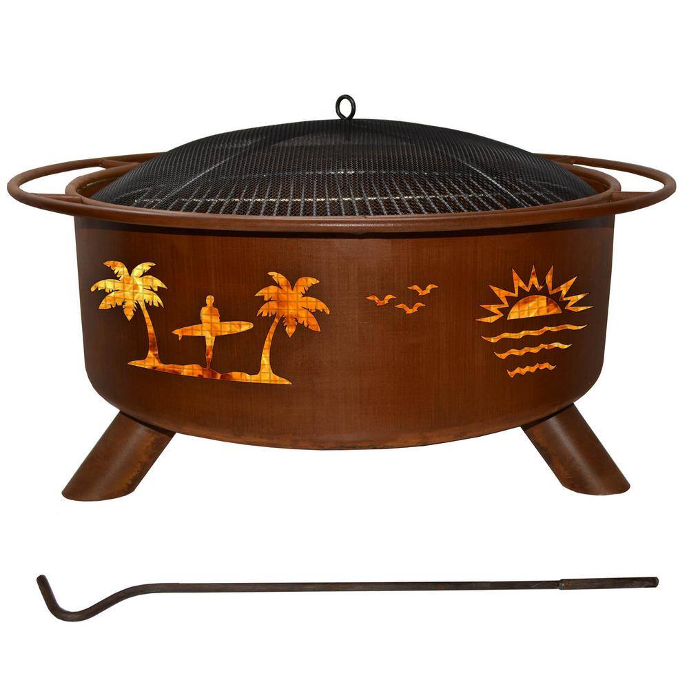 Pacific Coast 29 in. x 18 in. Round Steel Wood Burning Fire Pit in Rust with Grill Poker Spark Screen and Cover F117