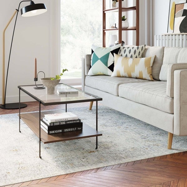 Asher Mid-Century Rectangle Coffee Table with Glass Top and Walnut Floating Shelf Black Metal Legs