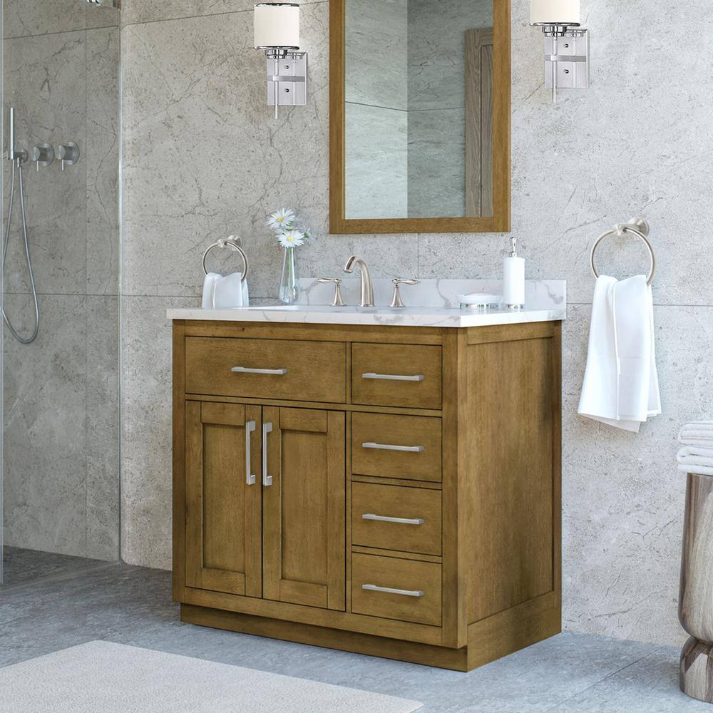 OVE Decors Athea 36 in. W Bath Vanity in Almond Latte with Engineered Stone Composite Top in White with White Basin and Power Bar 15VVAR-ATHE36-0