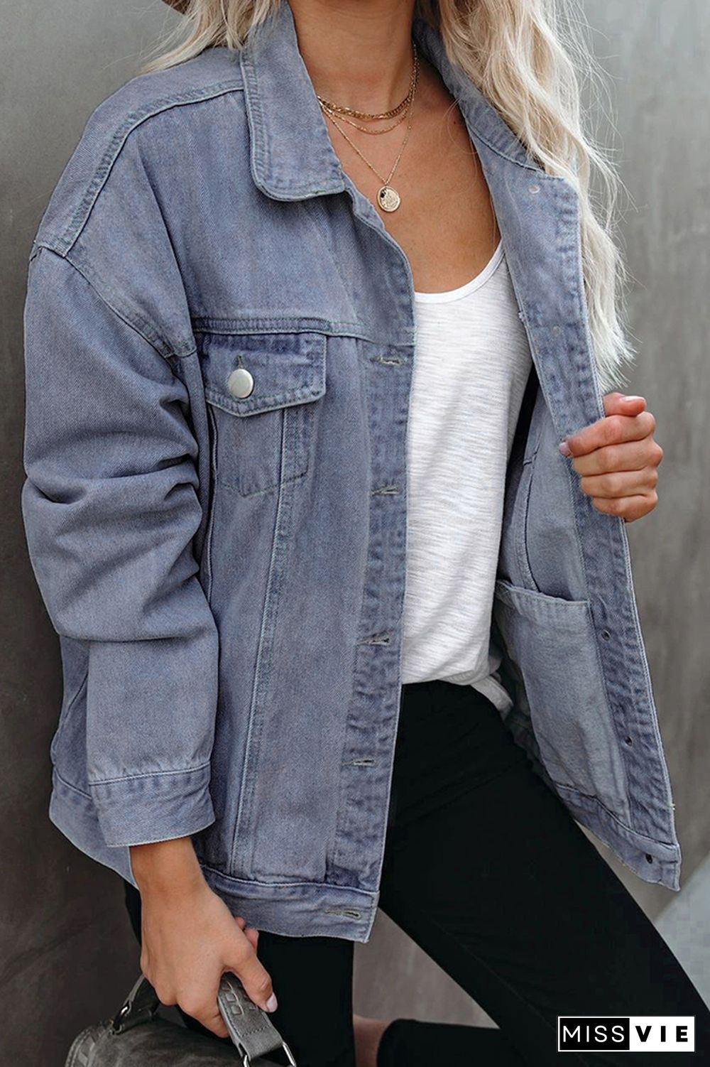 Wash Buttons Front Denim Jacket Women Wholesale