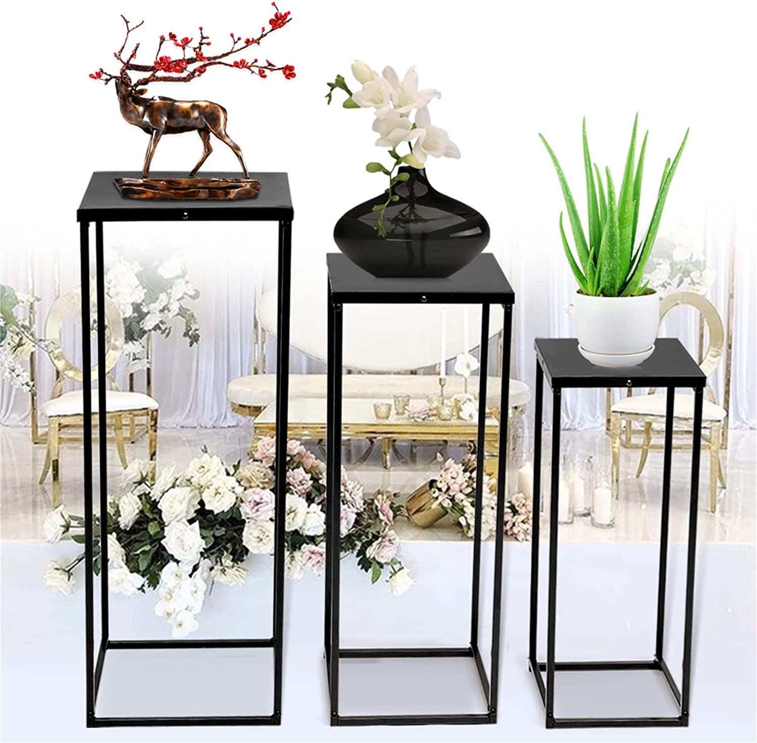 TFCFL 3Pcs Metal Plant Stands Flower Pot Rack Tall Pedestal Square Display Rack for Indoor Outdoor Garden Decoration